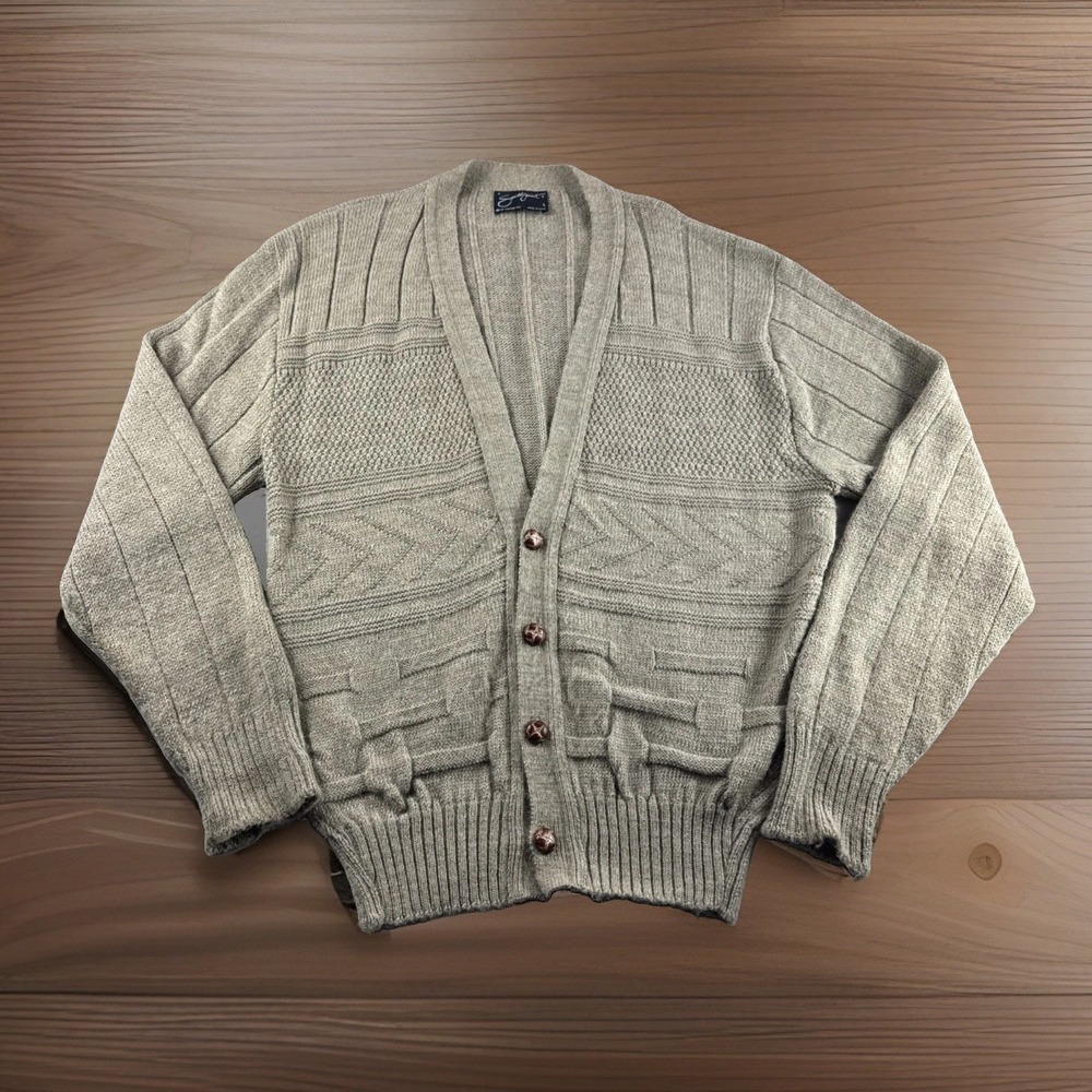 Vintage Southpoint Cardigan Mens L Beige Made in USA Button Up Sweatshirt Preppy